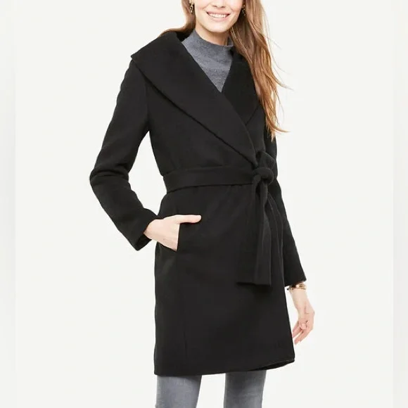Ann Taylor Petite Shawl Collar Wrap Black Wool Coat - Picture 1 of 3